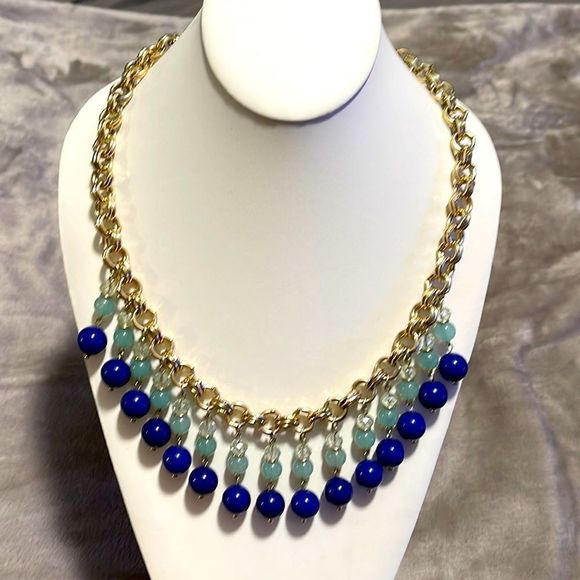 Ann Taylor Jewelry - Ann Taylor Cobalt Blue/Mint/Crystal Drop Gold Chainlink Necklace